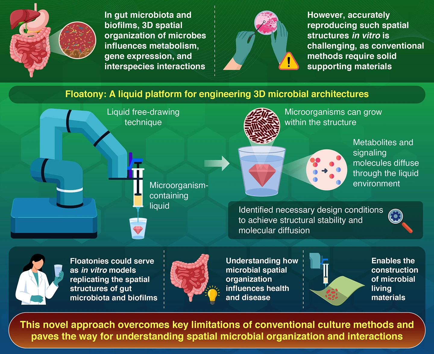 Floatony formation in liquid environments: Liquid drawing–based fabrication of three-dimensional microbial structures