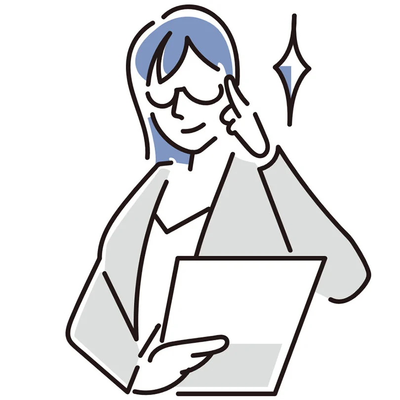 An illustration of a person pointing at her glasses whilst holding a document