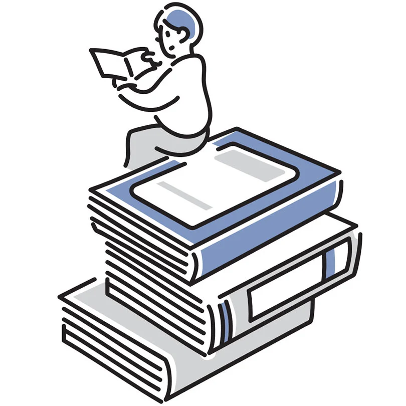 An illustration of a person sitting on a pile of books and reading